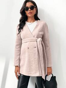 MaterniWear Maternity Work Fall,Autumn Solid Color Double-Breasted Long Sleeve Belted Casual Coat, Autumn/Winter - Pink - View 6