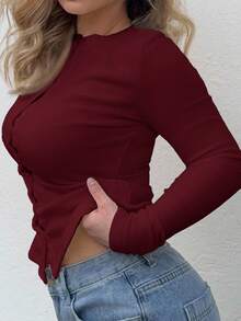 Jeta Ari Ribbed Button Through Long Sleeve Crew Neck Top Casual Vacation Airport Holiday - Burgundy - View 8