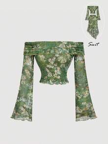 SHEIN MOD Vintage Floral Print Off Shoulder Flare Sleeve Women Top, New Year,Christmas,Fall & Winter,Country Concert,Halloween,Country Concert,Halloween,Witchy,Vampire Gothic,Party Top,Christmas, Fairy Top,Vintage Tops,Thanksgiving - Green - View 1