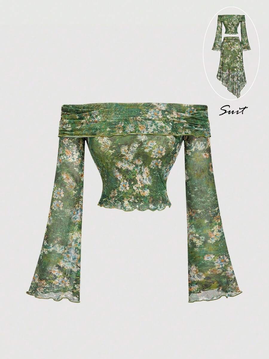 SHEIN MOD Vintage Floral Print Off Shoulder Flare Sleeve Women Top, New Year,Christmas,Fall & Winter,Country Concert,Halloween,Country Concert,Halloween,Witchy,Vampire Gothic,Party Top,Christmas, Fairy Top,Vintage Tops,Thanksgiving - Green - View 1