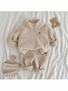 Loomiva 两件套男婴保暖内衬圆领长袖半拉链卫衣和松紧腰裤套装 - 杏色 - 查看 5