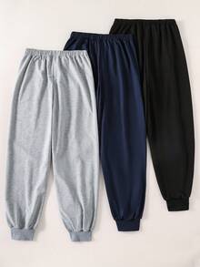 SHEIN 3 件套年轻男孩时尚黑色、灰色、海军蓝柔软、舒适、易穿裤子套装，适合户外、学校、旅行等所有场合，设计多样 - 彩色 - 查看 2
