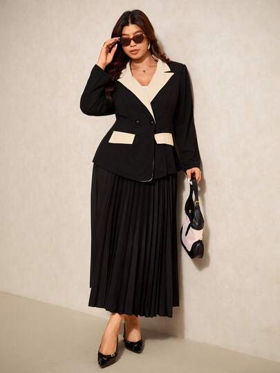 Elaquor Plus Size Elegant Commuter Color Block Patchwork Jacket & Pleated Skirt Suit Autumn Winter Clothes For Women