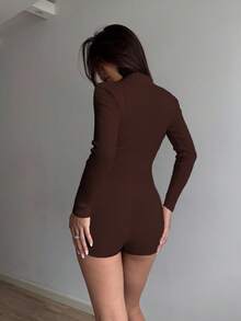 SHEIN Unity Bộ đồ liền thân dệt kim dài tay cài nút nửa thân đơn sắc dành cho nữ, mùa thu - màu nâu - Xem 2