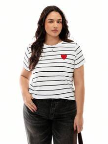 Solavibe Plus Size Women Knitted Striped T-Shirt With Small Heart Embroidery For Summer - Black and White - View 3