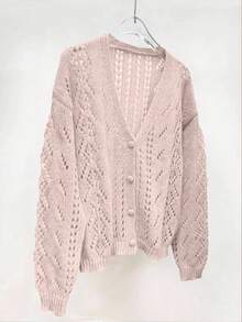 SHEIN LUNE 女士纯色镂空V领休闲针织开衫 - 藕粉色 - 查看 3
