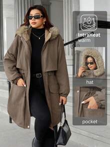 Easura Plus Size Vintage Waist-Cinched Mid-Length Hooded Long Sleeve + Detachable Fur Collar Padded Coat