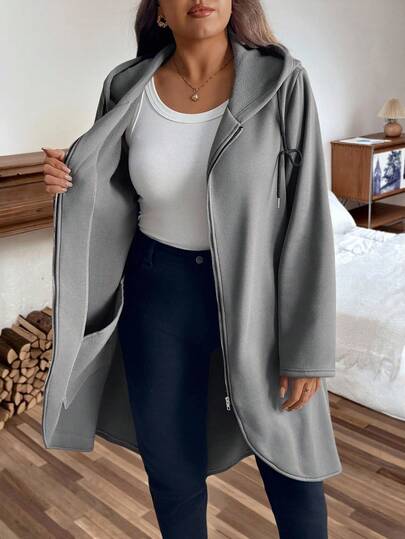 EMERY ROSE 大码休闲拉链长袖羊毛连帽夹克，不对称设计