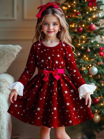 Young Girl's Cute, Sweet And Elegant Star Sequin Design Dress, Suitable For Daily Wear, Autumn/Winter