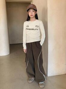 DAZY 2pcs Kids Tween Girls Crew Neck Printed Long Sleeve T-Shirt And Pants Set, Fall Outfit - Apricot - View 5