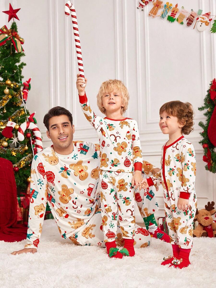 Velminro 男士姜饼印花长袖上衣和裤子睡衣套装，秋季服装，圣诞节 - 紅白色 - 查看 1