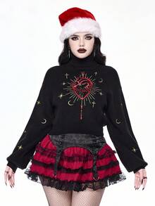 ROMWE Goth Suéter de cuello alto con bordado de corazón gótico y luna estrellada