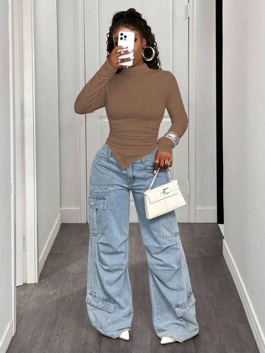BamGleam Chic Autumn Women's Solid Color Stand Collar Raglan Sleeve Asymmetrical Hem Fitted T-Shirt Fall Cloth For Women - Coffee Brown - View 1