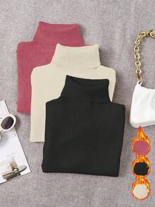 Franclia 3pcs/Set Autumn/Winter Thick Fleece Turtleneck Slim Fit Long Sleeve Sweater - Multicolor - View 3