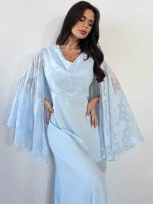 Firerie Women's Elegant Light Blue Floral Lace & Sequin Ruffle Collar Long Sleeve High Waist A-Line Maxi Dress For Autumn,Wedding Guest,Parties,Balls,Dates - Blue - View 11