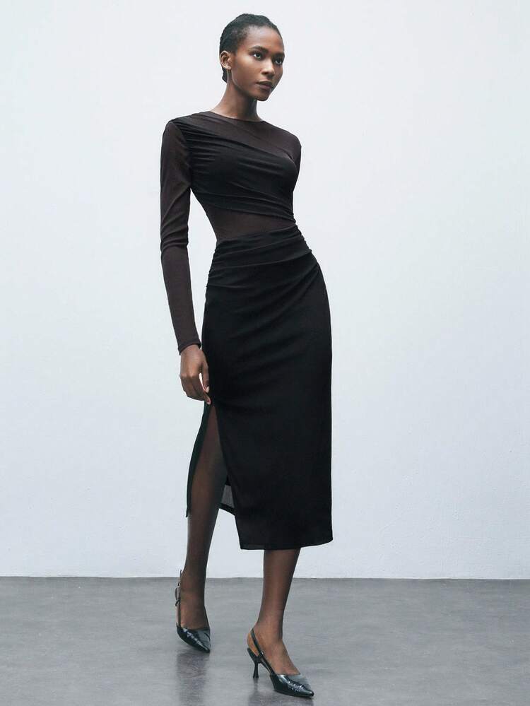 SHEIN Maija Women's Solid Color Round Neck Long Sleeve Pleated Fitted Midi Dress, Elegant & Fashionable