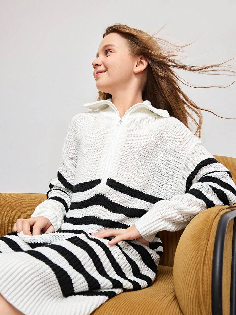 Vestidos de suéter para meninas adolescentes, casuais, soltos e de manga comprida, com listras coloridas