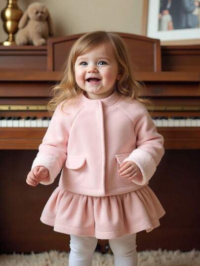 SHEIN Baby Girl Fashionable Versatile Faux Fur Patchwork Long Sleeve Overcoat, Suitable For Autumn/Winter, Indoor, Outdoor, Daily Wear Fall