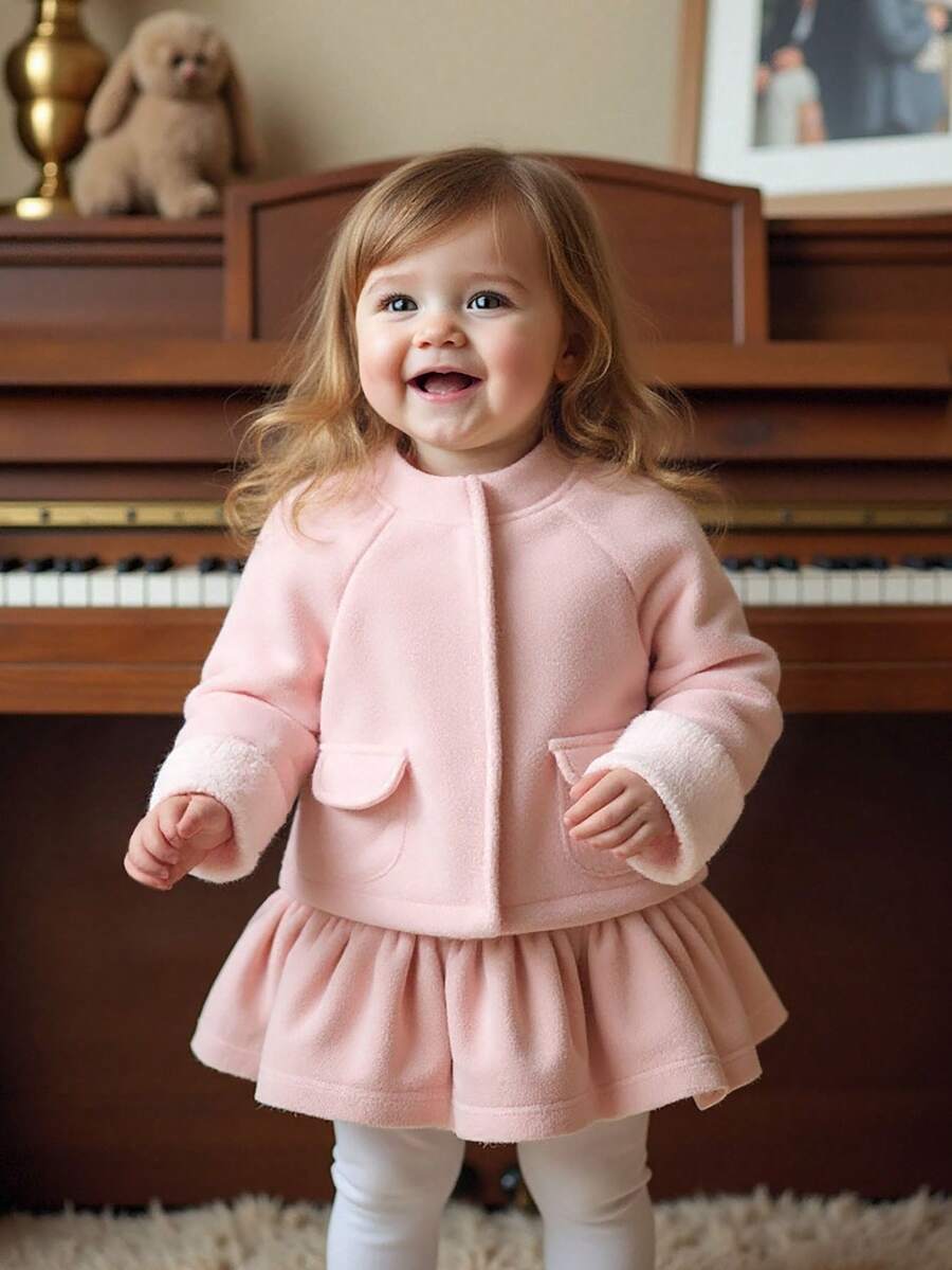 SHEIN Baby Girl Fashionable Versatile Faux Fur Patchwork Long Sleeve Overcoat, Suitable For Autumn/Winter, Indoor, Outdoor, Daily Wear Fall - Pink - View 1