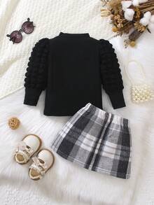 2pcs Baby Girl Knitted Long Sleeve T-Shirt And Bubble Corn Skirt Set,Blue Checkered,Autumn,Cute,Matching Family,Christmas Halloween Back To School - Black - View 2