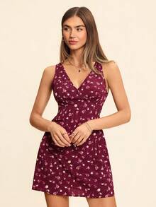 Coeurva Women's Vacation Casual Sleeveless Deep V-Neck Ditsy Floral Dress - Burgundy - View 4