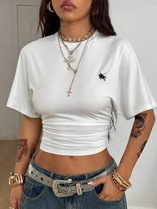 Coolane 女式夏季简约 Y2K 基本款日常休闲返校街头风弹力白色宽松褶皱短款 T 恤 - 白色 - 查看 4