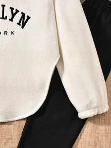 青少年女孩长袖前拉链字母印花连帽衫上衣和紧身裤 2 件套 - 黑與白 - 查看 4