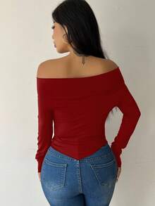 SHEIN Glamour 女士优雅通勤纯色露肩不对称下摆衬衫 - 酒紅色 - 查看 2