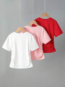 3pcs Girls Bow Print Waist Short Sleeve T-Shirts, Gray, Pink, Black - Red - View 2