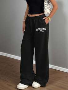 SHEIN Quần dài thể thao ống rộng in chữ lót nhiệt, cạp rút, dáng rộng cho bé gái tuổi teen, mùa thu/đông - màu đen - Xem 4