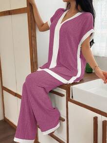 Lazeform 2件套女士针织休闲拼色V领短袖上衣和裤子睡衣套装 - 粉色 - 查看 6