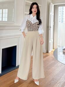 DAZY Solid Color Pleated Wide Leg Maxi Women's Dress Pants Business Attire - Apricot - View 7