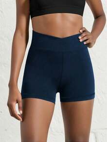 SHEIN Tween Girls Activewear Solid Color Casual Minimalist Criss-Cross Waist Shorts, High Elasticity Skinny Fit, 4-Way Stretch, Suitable For Cycling, Running, Training - Navy Blue - View 4
