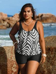 Swim Lushoire Plus Size 2pcs Striped Pattern Matching Black Solid Color Camisole Top And Shorts Women Bikini Set Set
