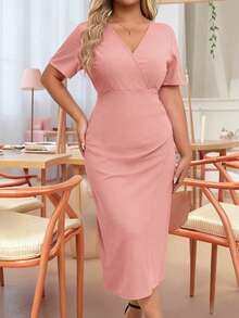 EMERY ROSE Vestido midi elegante de talla grande para mujer con cuello en V, manga corta y unicolor con drapeado - Rosa vieja - Ver 6