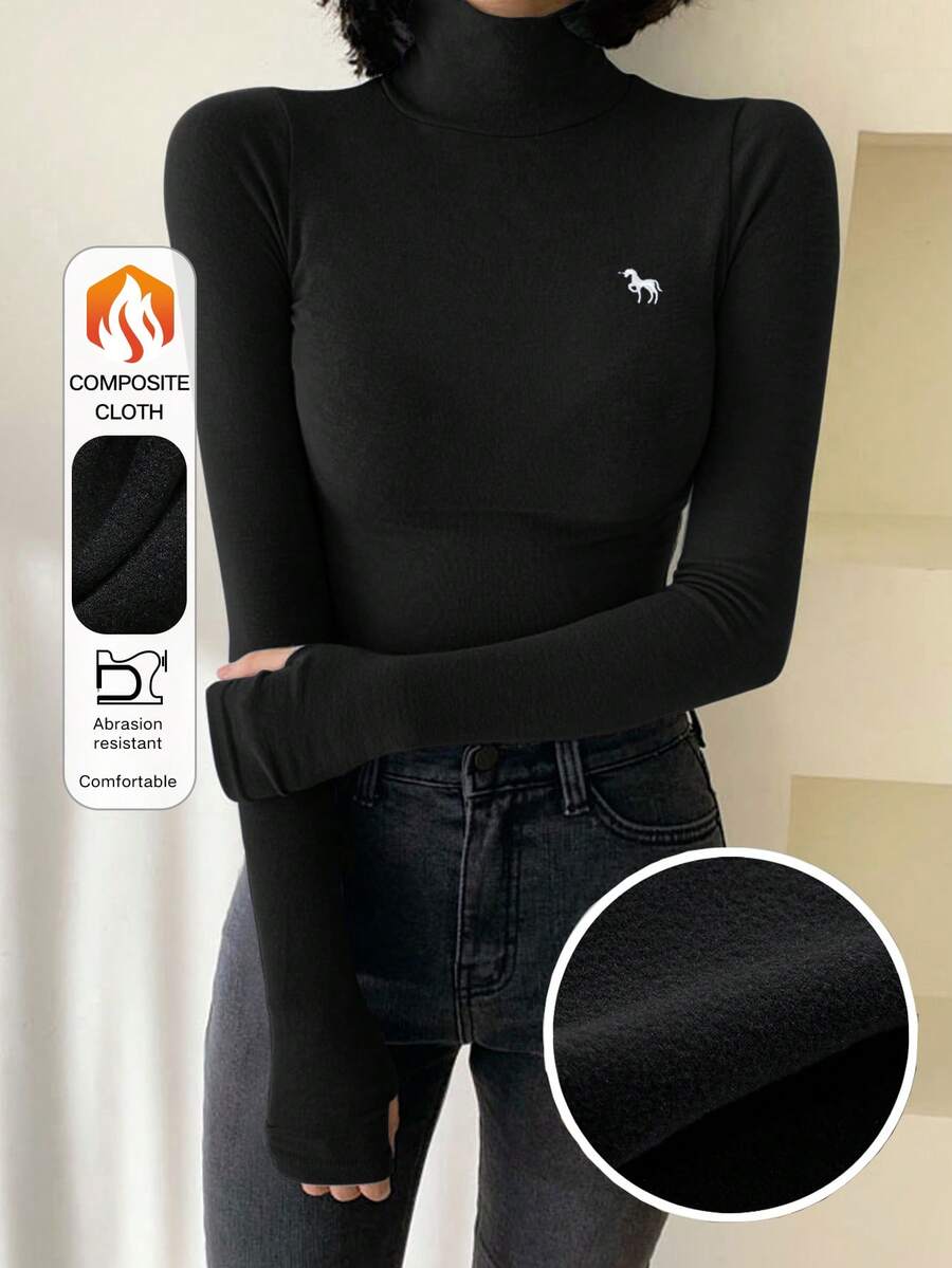 DAZY 女式高领紧身保暖内衬T恤，带刺绣图案长袖上衣 - 黑色 - 查看 1