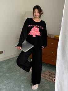 DAZY Christmas Tree Pattern Loose Long Sleeve Top & Pants 2 Pieces Pajama Set For Women, Autumn/Winter Thermal Lined, Cozy Clothes - Black - View 11