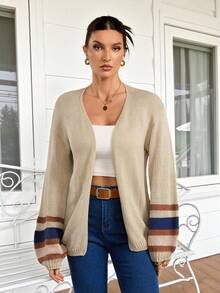SHEIN Tall Women Casual Color-Block Striped Cardigan Thanksgiving Winter , Autumn/Winter, Daily Wear, Tall Women - Apricot - View 10