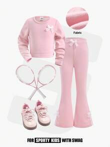 JNSQ 2 pièces Ensemble de tenue pour jeune fille, comprenant un Top de t-shirt ajusté avec décoration de nœud et une jupe longue évasée avec garniture en dentelle, convient pour le port quotidien en automne/hiver, les activités extérieures, les vacances, le streetwear, les fêtes et les tenues décontractées