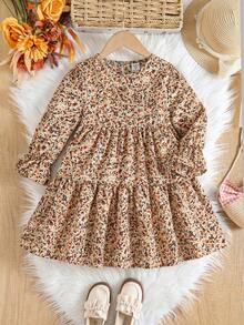 SHEIN Emery Rose Kids 年轻女孩碎花圆领泡泡袖修身休闲蛋糕 A 字连衣裙，秋冬，日常穿着，学校 - 卡其色 - 查看 5