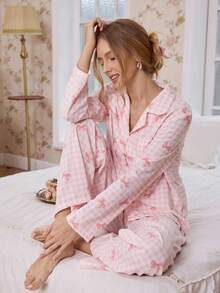 FloralLove 粉色格子蝴蝶结领宽松长袖上衣和裤子女士睡衣套装，冬季服装 - 粉色 - 查看 3
