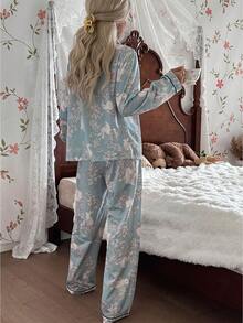 CottageSlumber Floral & Rabbit Print Long Sleeve Top & Pants Pajama Set With Collar, Fall Winter Clothes - Green - View 2