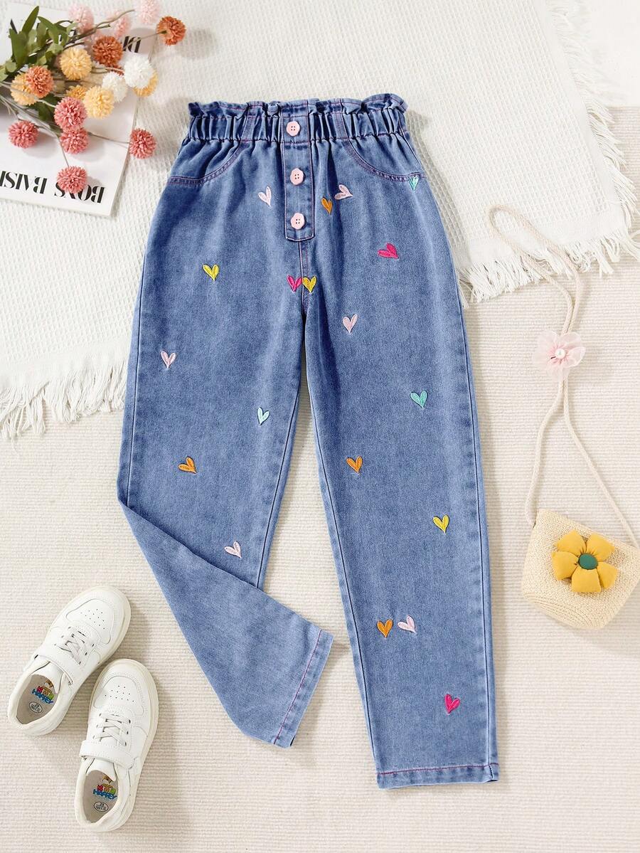 Sparklyn Jeansy dla dziewcząt w stylu Y2K, lekkie, z haftowanym serduszkiem i luźnym pasem, idealne do noszenia na co dzień, minimalistyczne i modne - Średni jeans - Zobacz 1