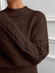 EURMUSE Women Solid Color Mock Neck Cable Knit Detailed Sleeve Drop Shoulder Pullover - Brown - View 4