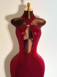 Mistrie Women's Solid Color Metal-Feeling Hollow Neck Strap Wrapped Hip Sexy Dress Holiday Elegant Party Dress