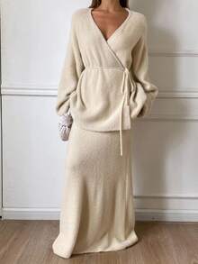 Livesso Women's Autumn V-Neck Loose Sweater Top And Casual A-Line Skirt 2 Pieces Set