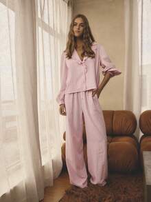 Aralina Christmas Thanksgiving Cosy Sleepwear 2pcs Striped Collared Ruffle Neck Long Sleeve Balloon Sleeve Button Down Shirt And Wide Leg Pants Matching Pajama Set, Cute Cozy Christmas Pajamas Fall Winter Clothes Pjs Pink - Pink - View 11