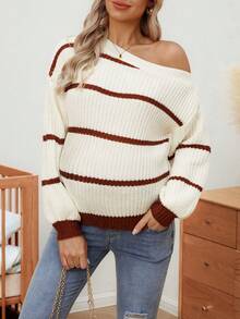 SHEIN Maternity Casual Colorblock Striped Asymmetric Neck Sweater, Autumn/Winter - Multicolor - View 6