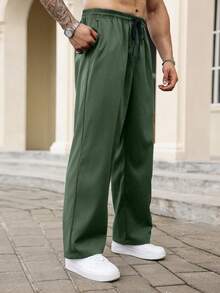 Manfinity Homme Plus Size Men Casual Versatile Letter Patched Pants, Fall - Dark Green - View 3