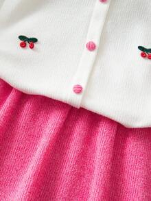 Conjunto de cardigan de manga larga y falda de punto con diseño de cerezas lindas para niñas, color magenta
